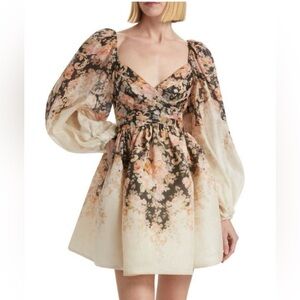Zimmermann Floral Puff-Sleeve AUTHENTIC Mini Dress in Cream, Black Pink size 1